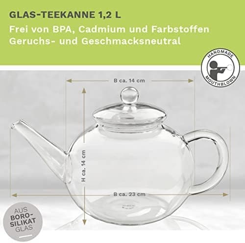 Teekanne Glas Creano 1,2l - 2 Teeblumen - Tropffrei - Gastro-Geschenk