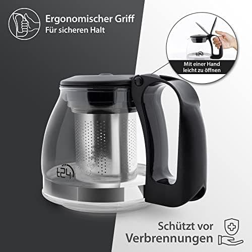 T24 Glas Teekanne mit Hitzebeständigem Edelstahl Filter für Losen Tee - 1250ml - Überhitzungsschutz und Siebeingebaust