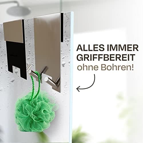 Praknu 2-Haken-Duschhaken - Rohrlochfrei - Innenauskleidung - Rostfreier Edelstahl - Für Glasstärken von 6-12 mm - Rosts