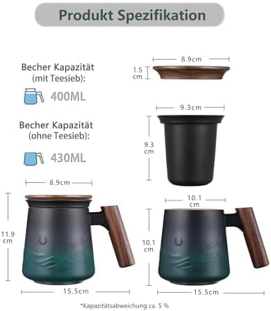 ZENS Teetasse mit Deckel und Teesieb für Tee Liebhaber bei\viewschiebung und Atemluft, 450ml, Große Holzgriff Matte Kera