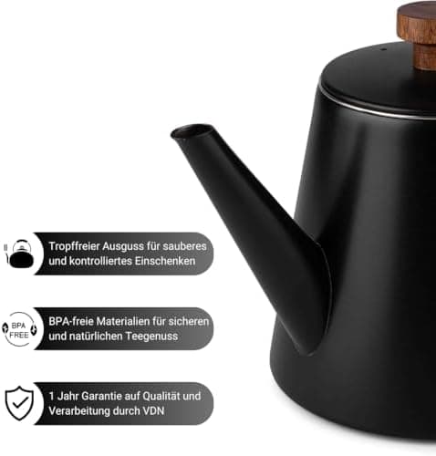 VDN Teekanne mit Siebeinsatz für 5-6 Tassen - Doppelwandig Edelstahl, 1L - Thermowarm bis zu 1h - Teebereiter für losen