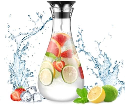 Eeco Glaskaraffe 1,5 Liter Edelstahldeckel Karaffe, ideal für Heißes und Kaltes Wasser, Getränke Büchse, Saft, Milch, Te