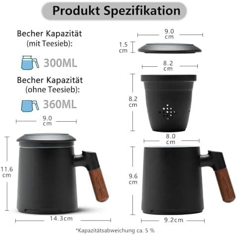 ZENS Teetasse mit Deckel und Sieb Geschenke für Teeliebhaber Matte Keramik 360 ml Holzgriff