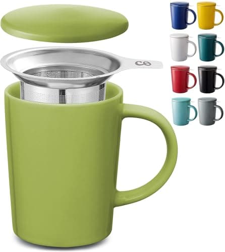 Cosumy Keramik Teetasse mit Sieb und Deckel - Hält lange warm - Spülmaschinenfest - Ideal für Tagesgebrauch - 400ml