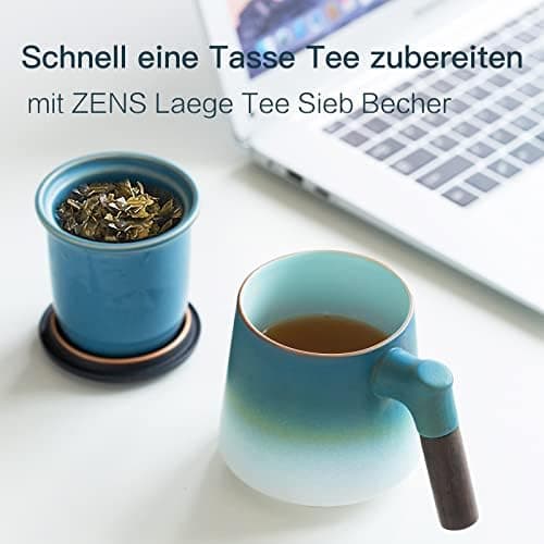 ZENS Teetasse mit Deckel und Teesieb für Tee Liebhaber bei\viewschiebung und Atemluft, 450ml, Große Holzgriff Matte Kera
