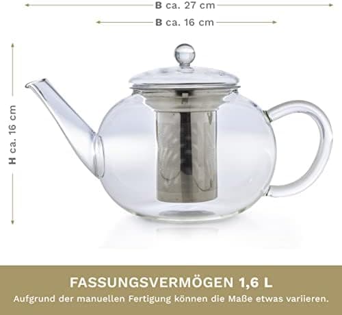 Creano Glas Teekanne 1,2l + Edelstahl Stövchen, ideal für Teezubereitung mit Losen Blüten