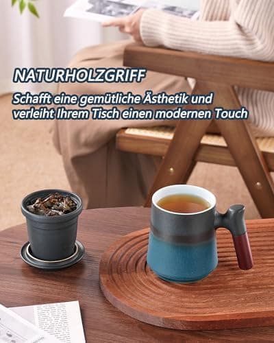 ZENS Teetasse mit Deckel und Teesieb für Tee Liebhaber bei\viewschiebung und Atemluft, 450ml, Große Holzgriff Matte Kera