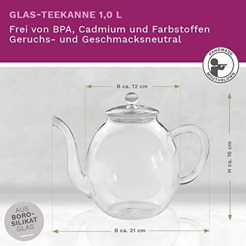 Teekanne Glas Creano 1,2l - 2 Teeblumen - Tropffrei - Gastro-Geschenk