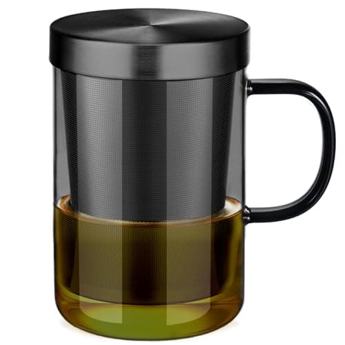 EcoOE 440 ml Borosilikat Teetasse mit Ultrafein Edelstahl Sieb und Natürlicher Bambus Deckel für Koffeinfreie Getränke