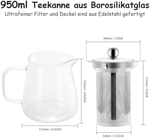 Teekanne Glas mit Siebeinsatz 450ml klar Hitzebeständig für Schwarzen Tee