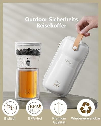 ZENS Modern Teekanne Glas mit Sieb für Teeliebhaber in Portable Tea Maker mit Isolierbecher