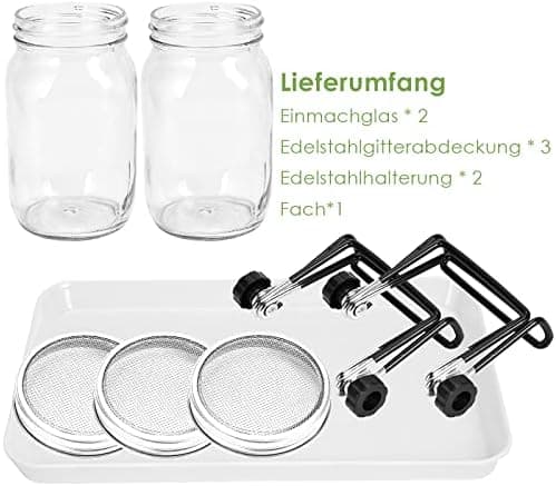 Keimglas Sprossenglas 2er Set 950ML Weiß Einsatzbereich Kresse Alfalfa Brokkoli Mungobohnen 2 Einstellbare Halterung Dri