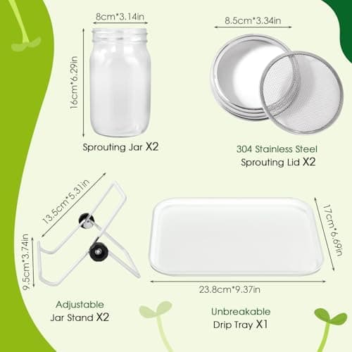 Sprossenglas Keimglas 2er Set 1000ml Edelstahlfilter Grau Bosch 2 Filter 3 Ständer Mungobohnen Alfalfa