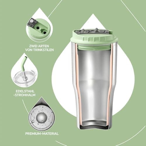 Ideaux Isolierbecher 14oz (420ml) | Doppelwandig | Eign. für Kaffee & Tee - Grün | Auslaufsicher | Reisebef. | Heiß & Ka