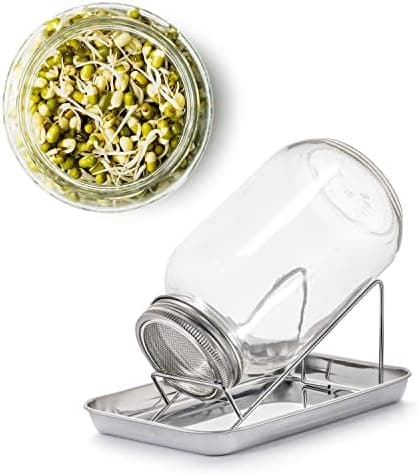 BigDean Sprossenglas und Keimglas Set 1000 ml - Edelstahl-Gitterdeckel + Ständer - Anbau-Set für Sprossen & Keimlingen