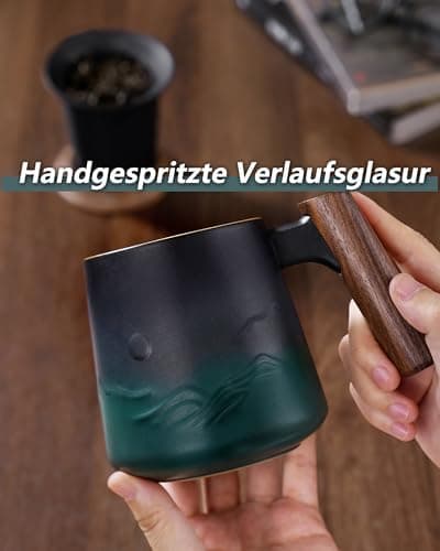 ZENS Teetasse mit Deckel und Teesieb für Tee Liebhaber bei\viewschiebung und Atemluft, 450ml, Große Holzgriff Matte Kera