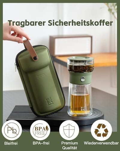 ZENS Modern Teekanne Glas mit Sieb für Teeliebhaber in Portable Tea Maker mit Isolierbecher
