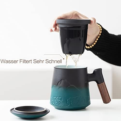 ZENS Teetasse mit Deckel und Teesieb für Tee Liebhaber bei\viewschiebung und Atemluft, 450ml, Große Holzgriff Matte Kera