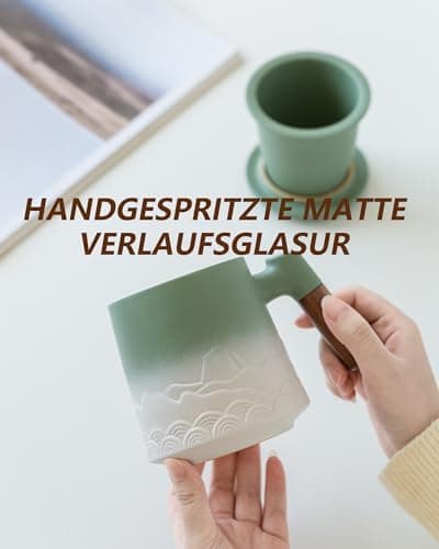 ZENS Teetasse mit Deckel und Teesieb für Tee Liebhaber bei\viewschiebung und Atemluft, 450ml, Große Holzgriff Matte Kera