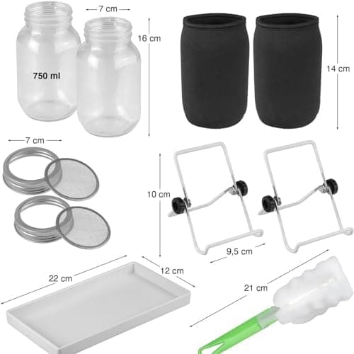 Sprossenglas Starter-Set 2er Keimglas Set 750ml für Kräuter & microgreens I Inkl. Siebdeckel, Abtropfschale, Verdunklung