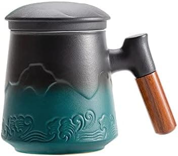 ZENS Teetasse mit Deckel und Teesieb für Tee Liebhaber bei\viewschiebung und Atemluft, 450ml, Große Holzgriff Matte Kera