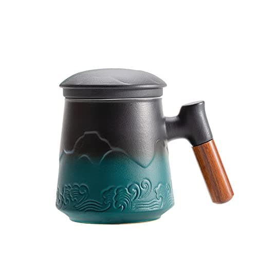 ZENS Teetasse mit Deckel und Teesieb für Tee Liebhaber bei\viewschiebung und Atemluft, 450ml, Große Holzgriff Matte Kera