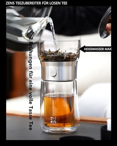 ZENS Modern Teekanne Glas mit Sieb für Teeliebhaber in Portable Tea Maker mit Isolierbecher