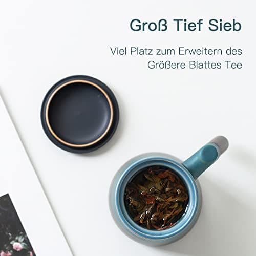ZENS Teetasse mit Deckel und Teesieb für Tee Liebhaber bei\viewschiebung und Atemluft, 450ml, Große Holzgriff Matte Kera
