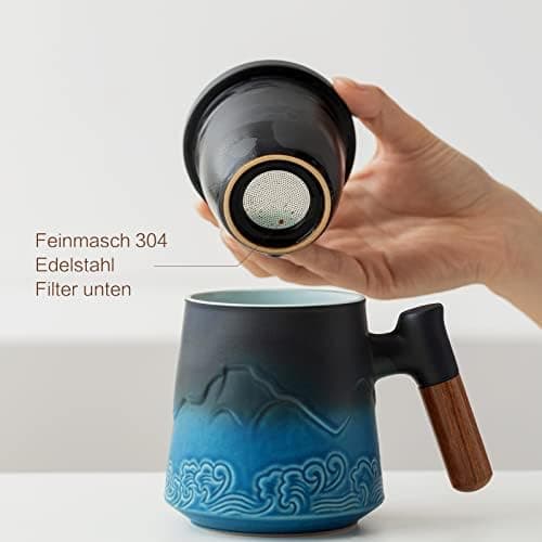 ZENS Teetasse mit Deckel und Teesieb für Tee Liebhaber bei\viewschiebung und Atemluft, 450ml, Große Holzgriff Matte Kera