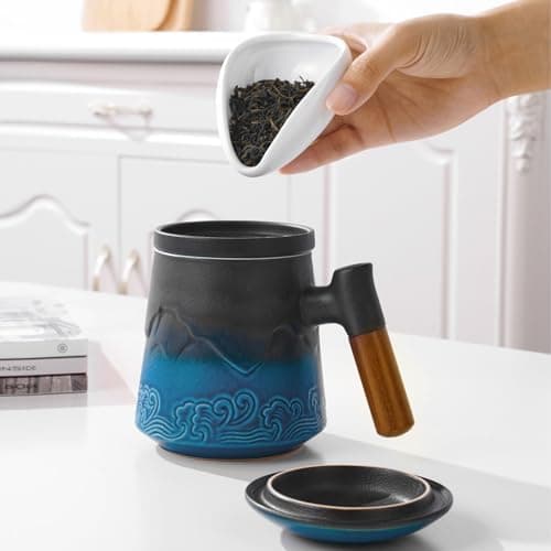 ZENS Teetasse mit Deckel und Teesieb für Tee Liebhaber bei\viewschiebung und Atemluft, 450ml, Große Holzgriff Matte Kera