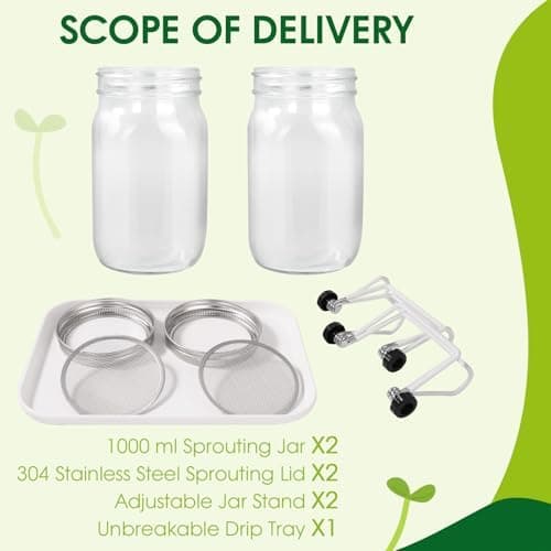 Sprossenglas Keimglas 2er Set 1000ml Edelstahlfilter Grau Bosch 2 Filter 3 Ständer Mungobohnen Alfalfa