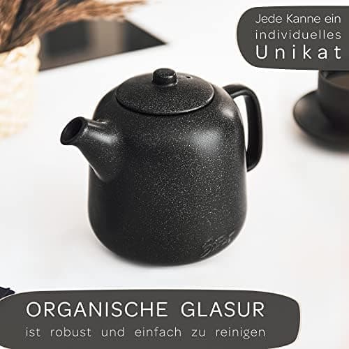 STEINZEIT Design Teekanne Schwarz 1,3L Edelstahl Siebkeramik Glasur