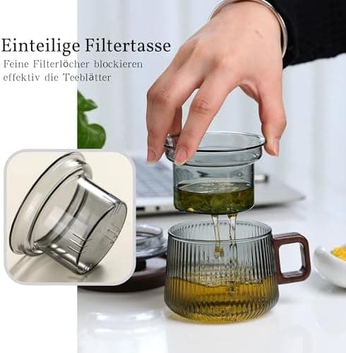 JanYoo Glas Teetasse mit Deckel und Sieb | Ideal für den Hausfrau | Für den Zuhause genossenen Tee | Transparent, 200ml,