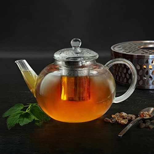 Creano Glas Teekanne 1,2l + Edelstahl Stövchen, ideal für Teezubereitung mit Losen Blüten