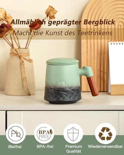 ZENS Teetasse mit Deckel und Teesieb für Tee Liebhaber bei\viewschiebung und Atemluft, 450ml, Große Holzgriff Matte Kera