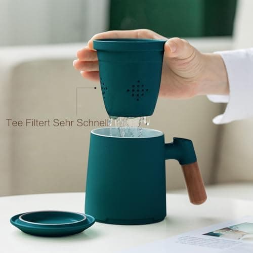 ZENS Teetasse mit Deckel und Sieb Geschenke für Teeliebhaber Matte Keramik 360 ml Holzgriff