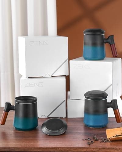 ZENS Teetasse mit Deckel und Teesieb für Tee Liebhaber bei\viewschiebung und Atemluft, 450ml, Große Holzgriff Matte Kera