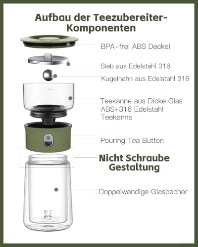 ZENS Modern Teekanne Glas mit Sieb für Teeliebhaber in Portable Tea Maker mit Isolierbecher