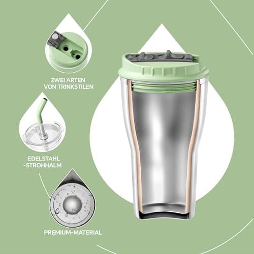 Ideaux Isolierbecher 14oz (420ml) | Doppelwandig | Eign. für Kaffee & Tee - Grün | Auslaufsicher | Reisebef. | Heiß & Ka