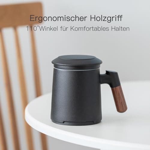 ZENS Teetasse mit Deckel und Sieb Geschenke für Teeliebhaber Matte Keramik 360 ml Holzgriff