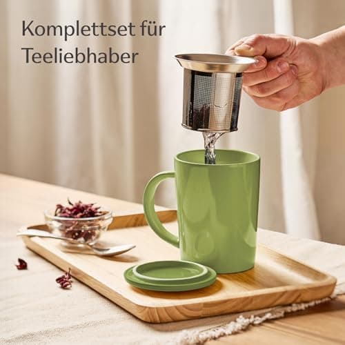 Cosumy Keramik Teetasse mit Sieb und Deckel - Hält lange warm - Spülmaschinenfest - Ideal für Tagesgebrauch - 400ml