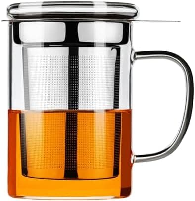 PARACITY Borosilikat-Teebecher mit abnehmbarer Edelstahl-Sieve & Deckel, 450 ml, OFENFEST für losen Tee, Geschenk für Fa
