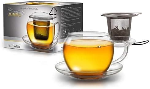 Creano JUMBO Tee-Tasse XXL aus Glas mit Henkel und integriertem Edelstahlsieb für Feierabend │ leicht transportationfähi