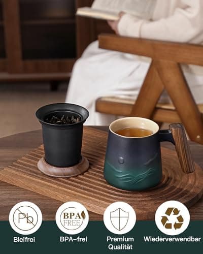 ZENS Teetasse mit Deckel und Teesieb für Tee Liebhaber bei\viewschiebung und Atemluft, 450ml, Große Holzgriff Matte Kera
