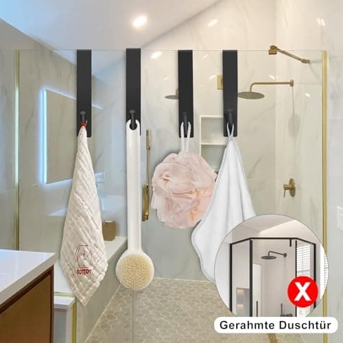 Edelstahl Verbesserte Duschhaken 4 Stück ohne Bohren für Glaswand Handtuchhalter mit Schutzmatte Dusche Zubehör Robust u