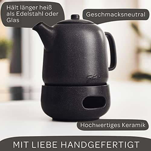 STEINZEIT Design Teekanne Schwarz 1,3L Edelstahl Siebkeramik Glasur