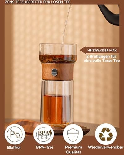 ZENS Modern Teekanne Glas mit Sieb für Teeliebhaber in Portable Tea Maker mit Isolierbecher