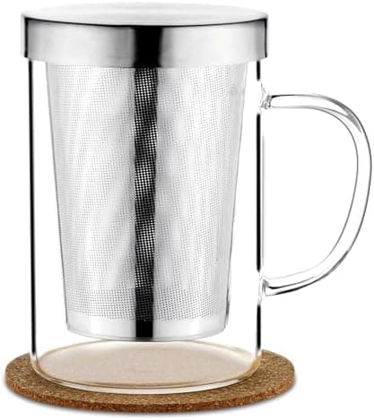 Grosser Teetee Becher mit Edelstahl Sieb und Deckel, 500ml Borosilikat Teeglas für Blumentee
| Borosilikat Teetasse mit