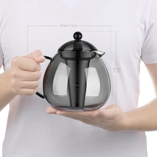 Glastal Schwarzes Teekännchen 1500ml Edelstahl Sieb Borosilicatglas geeignet für Teewärmertop
