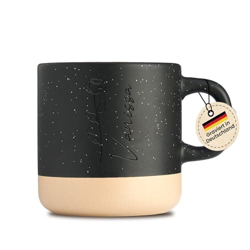 Gravur Tasse mit Namen - Personalisiert - Geschenk für Freundin  
Gravur Tasse mit Namen - Spülmaschinenfest - Blumenmot
